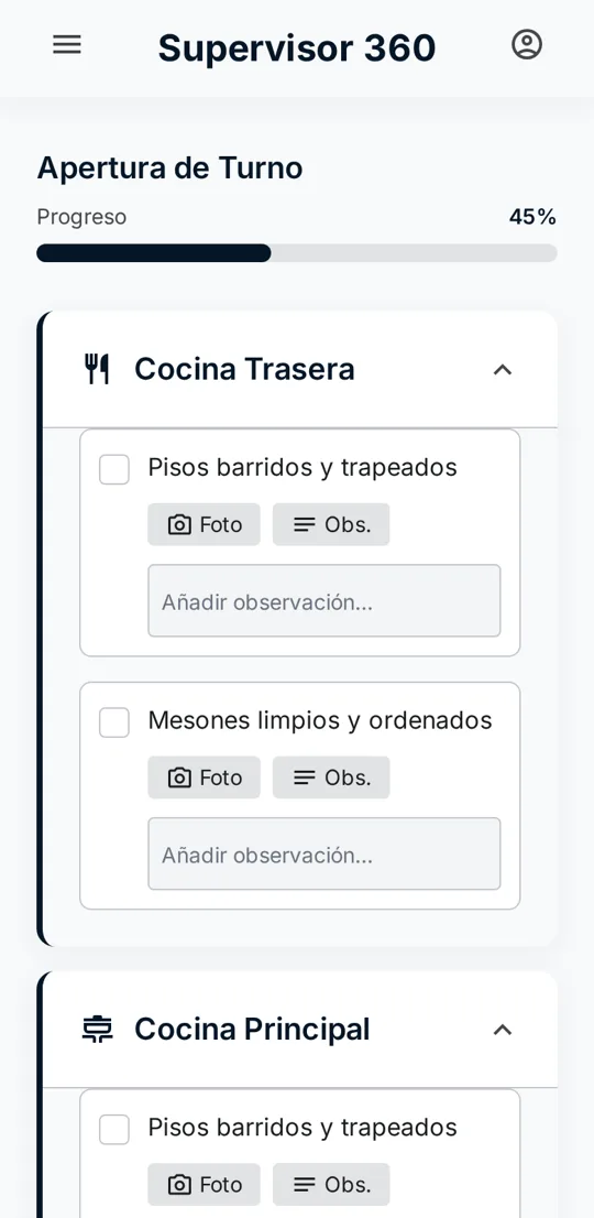 Checklist de apertura de Supervisor 360
